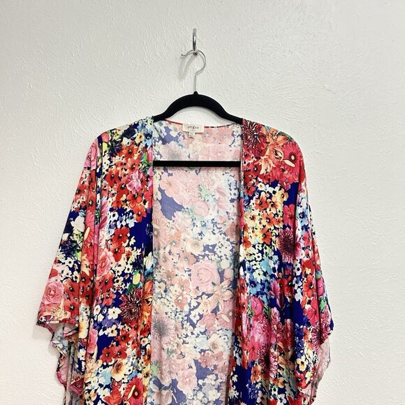 Umgee Pink Floral Kimono Cardigan Cover Up Open Front Multicolor Flowy Size M/L - Picture 2 of 11
